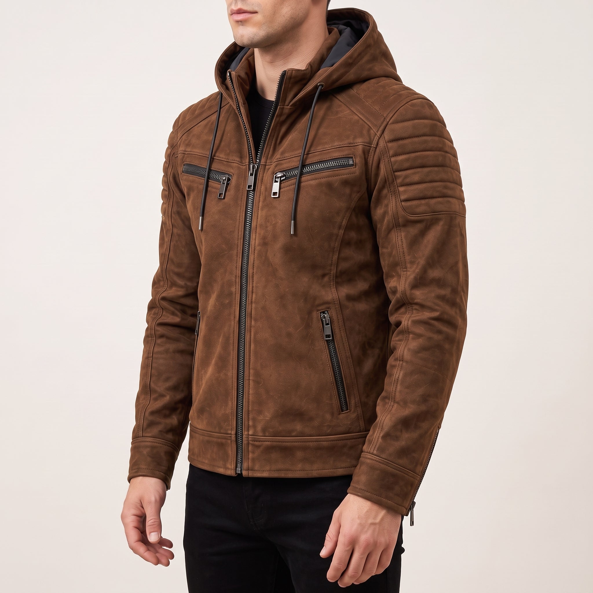 Men's Tobacco Brown Suede Hooded Moto Jacket — Shaw