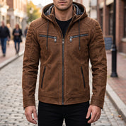 Men's Tobacco Brown Suede Hooded Moto Jacket — Shaw