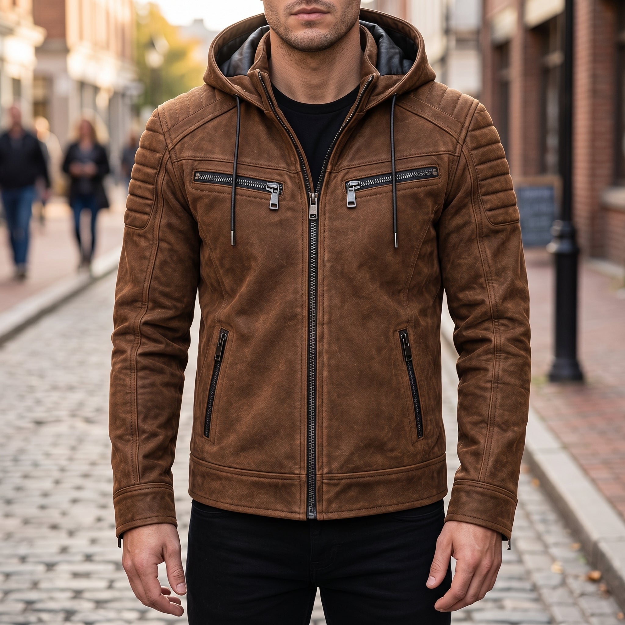 Men's Tobacco Brown Suede Hooded Moto Jacket — Shaw