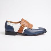 Men's White, Blue, and Tan Wingtip Leather Monk Strap Shoes — Stretton