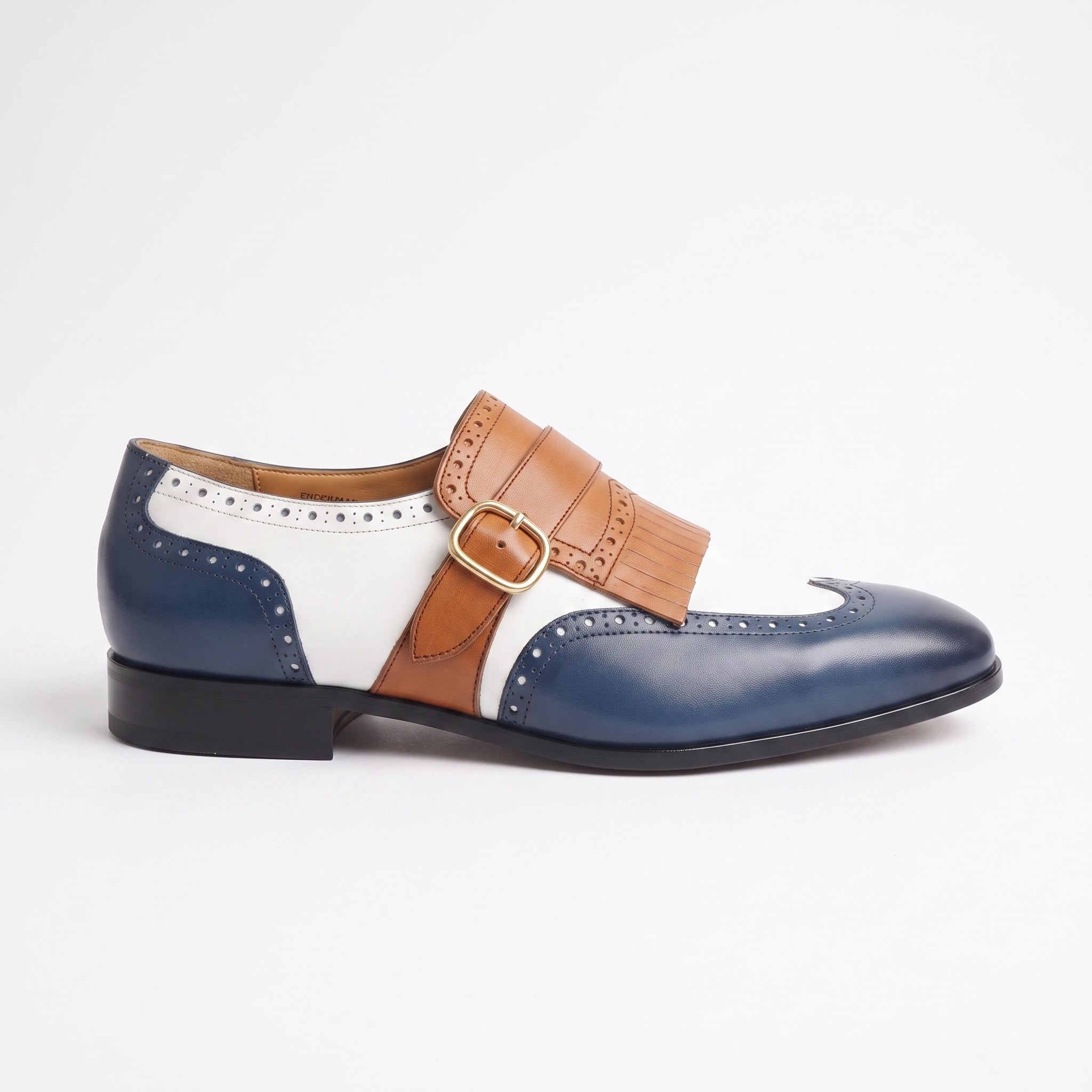 Men's White, Blue, and Tan Wingtip Leather Monk Strap Shoes — Stretton
