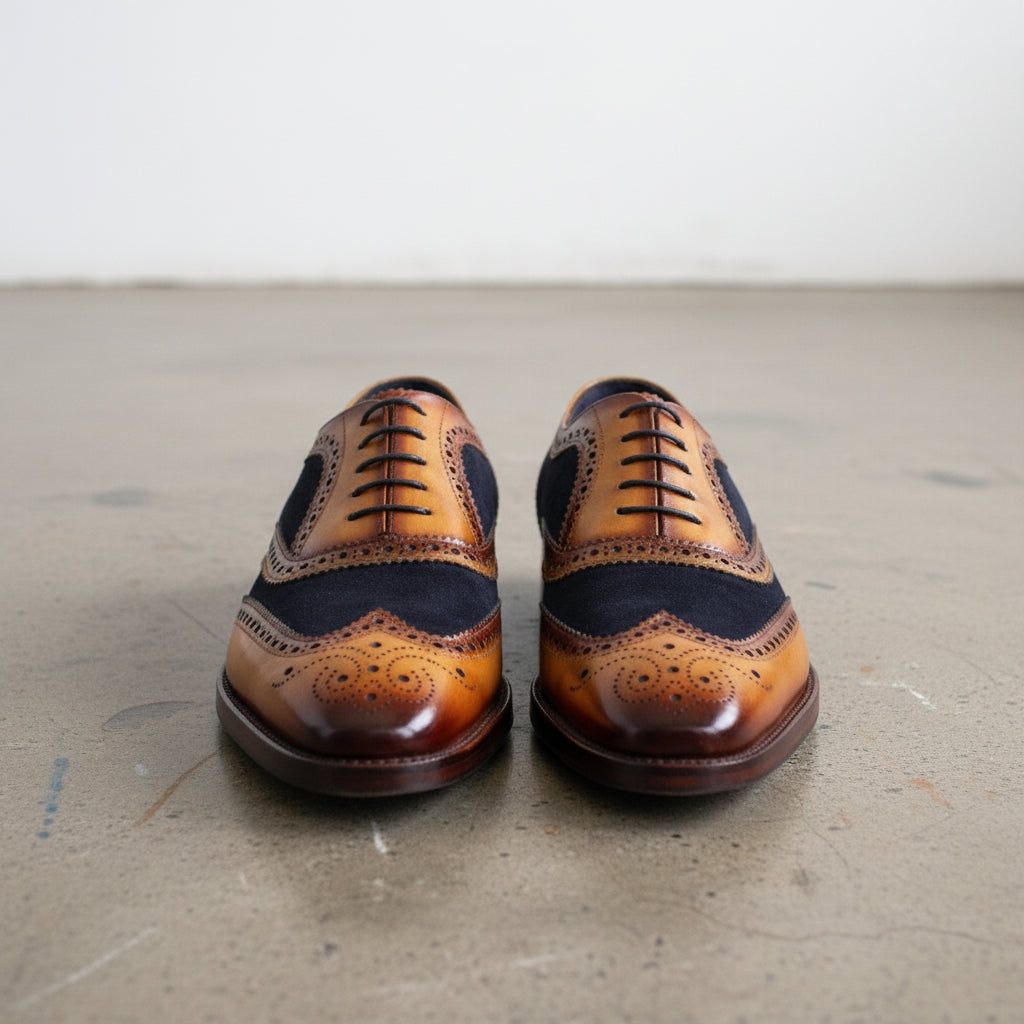 Mens Two tone wingtip brogue dress shoes, Men leather And suede shoes - front-view