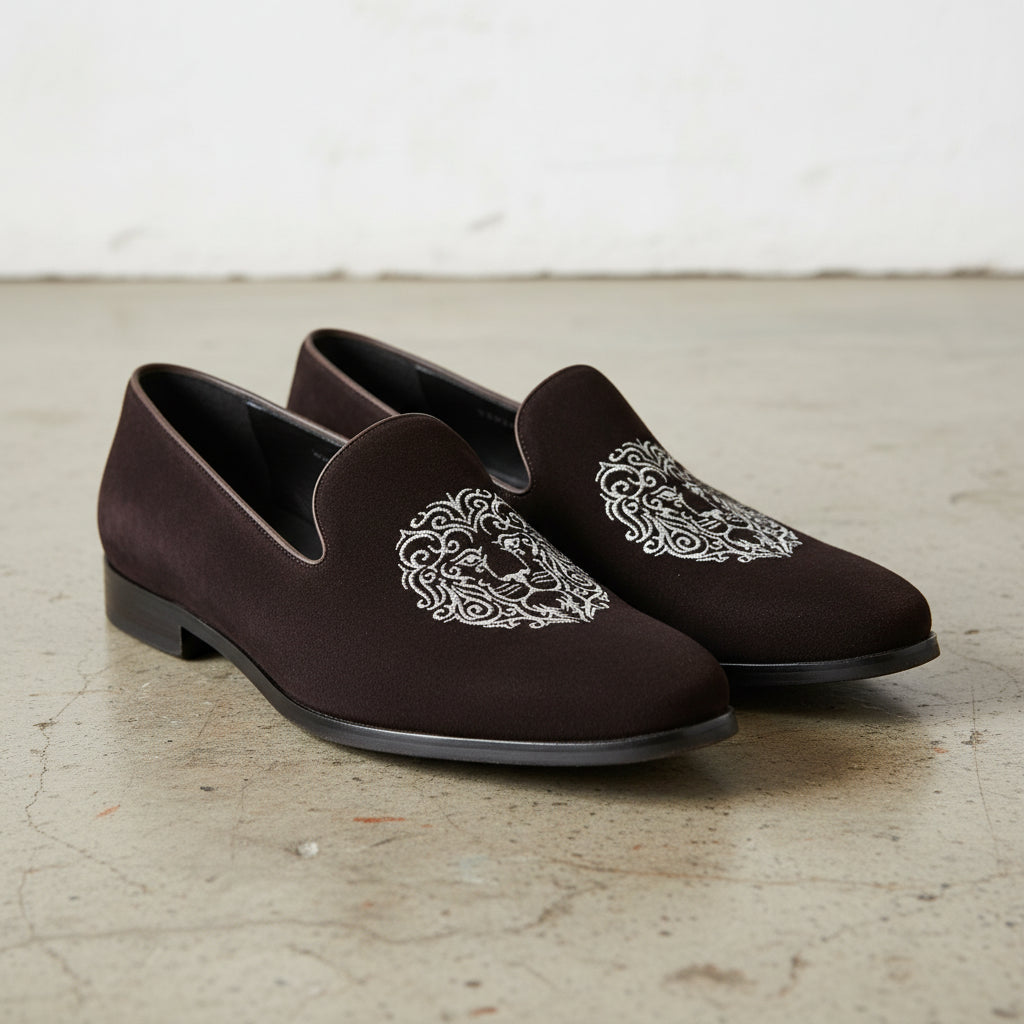 Mens Velvet Shoes, Men Brown Embroidered Velvet Casual Shoes Slipper - 3-4-right-view