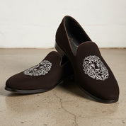 Mens Velvet Shoes, Men Brown Embroidered Velvet Casual Shoes Slipper - angle-view-showing-depth
