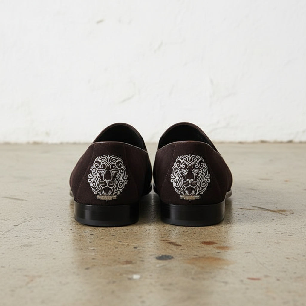 Mens Velvet Shoes, Men Brown Embroidered Velvet Casual Shoes Slipper - back-view