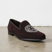 Mens Velvet Shoes, Men Brown Embroidered Velvet Casual Shoes Slipper - detail-view-showing-texture