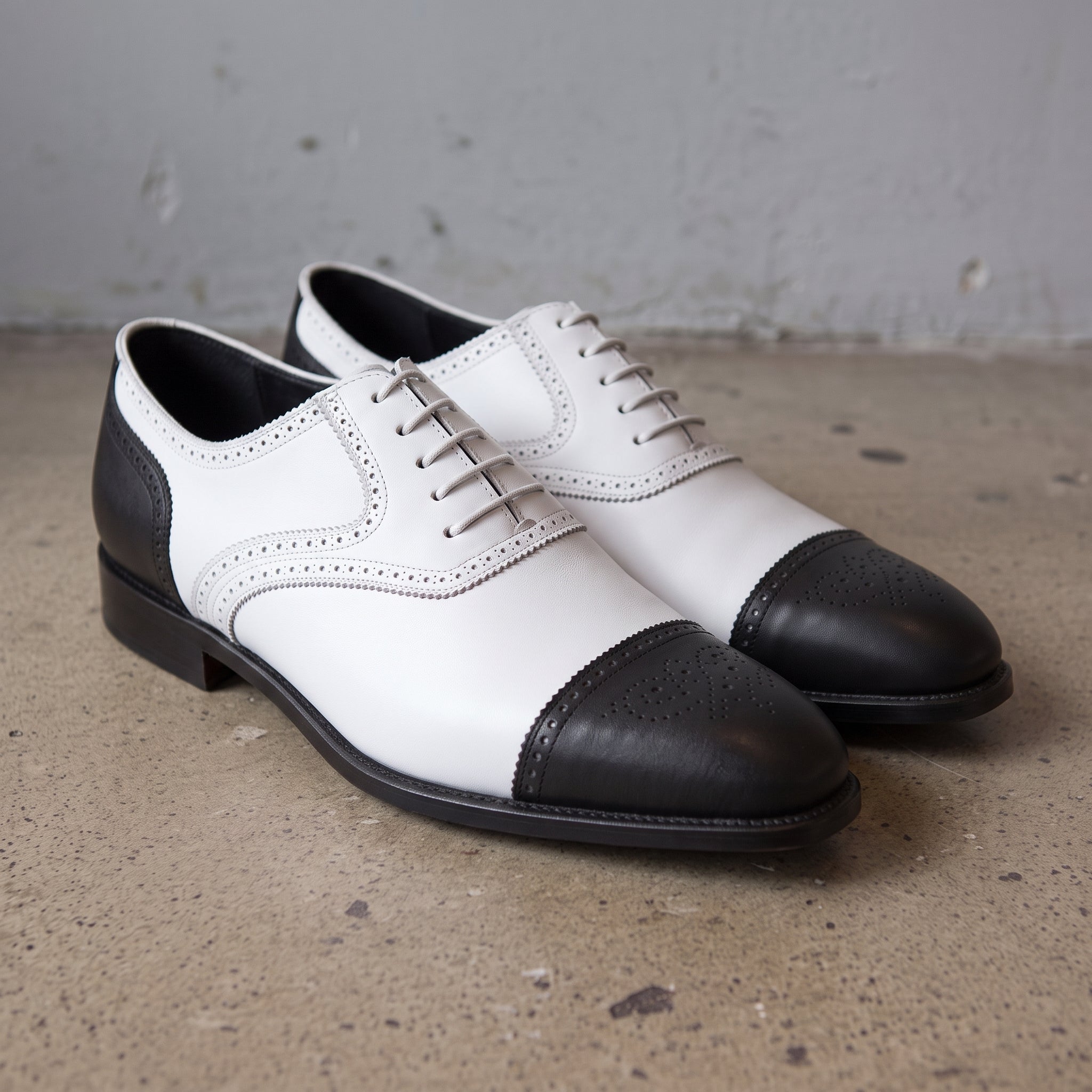 Men's White and Black Cap-Toe Spectator Leather Oxfords — Craven