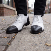 Men's White and Black Cap-Toe Spectator Leather Oxfords — Craven