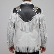 Men's White and Black Fringed Leather Western Jacket — Hampshire