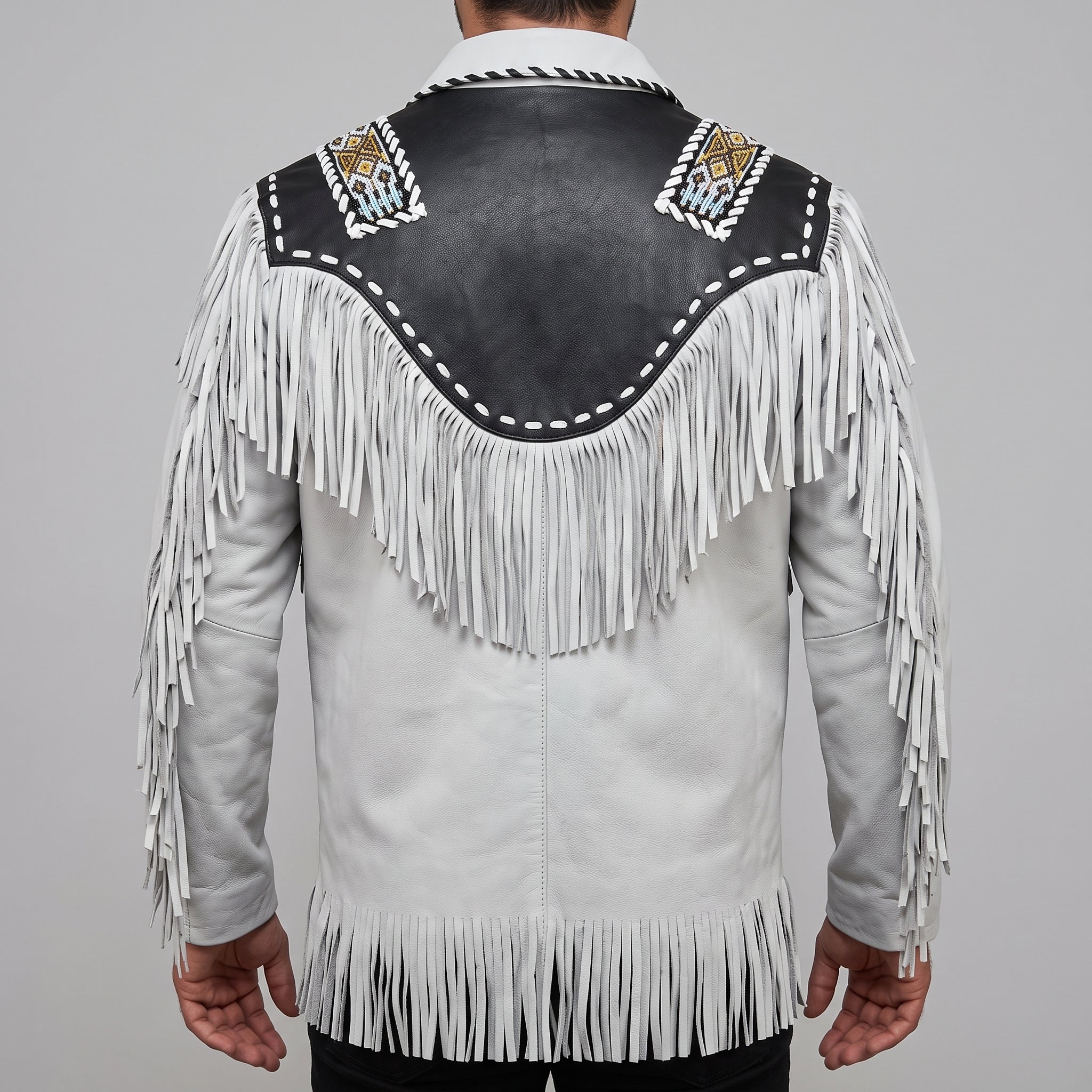 Men's White and Black Fringed Leather Western Jacket — Hampshire