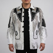 Men's White and Black Fringed Leather Western Jacket — Hampshire