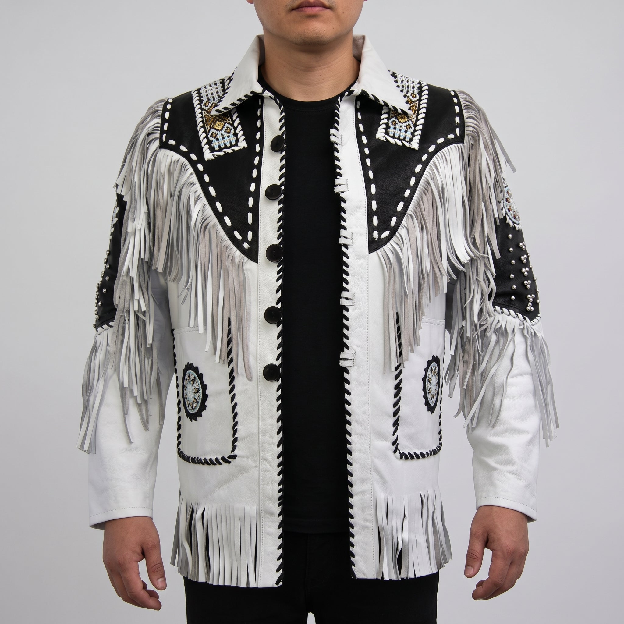 Men's White and Black Fringed Leather Western Jacket — Hampshire