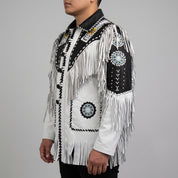 Men's White and Black Fringed Leather Western Jacket — Hampshire