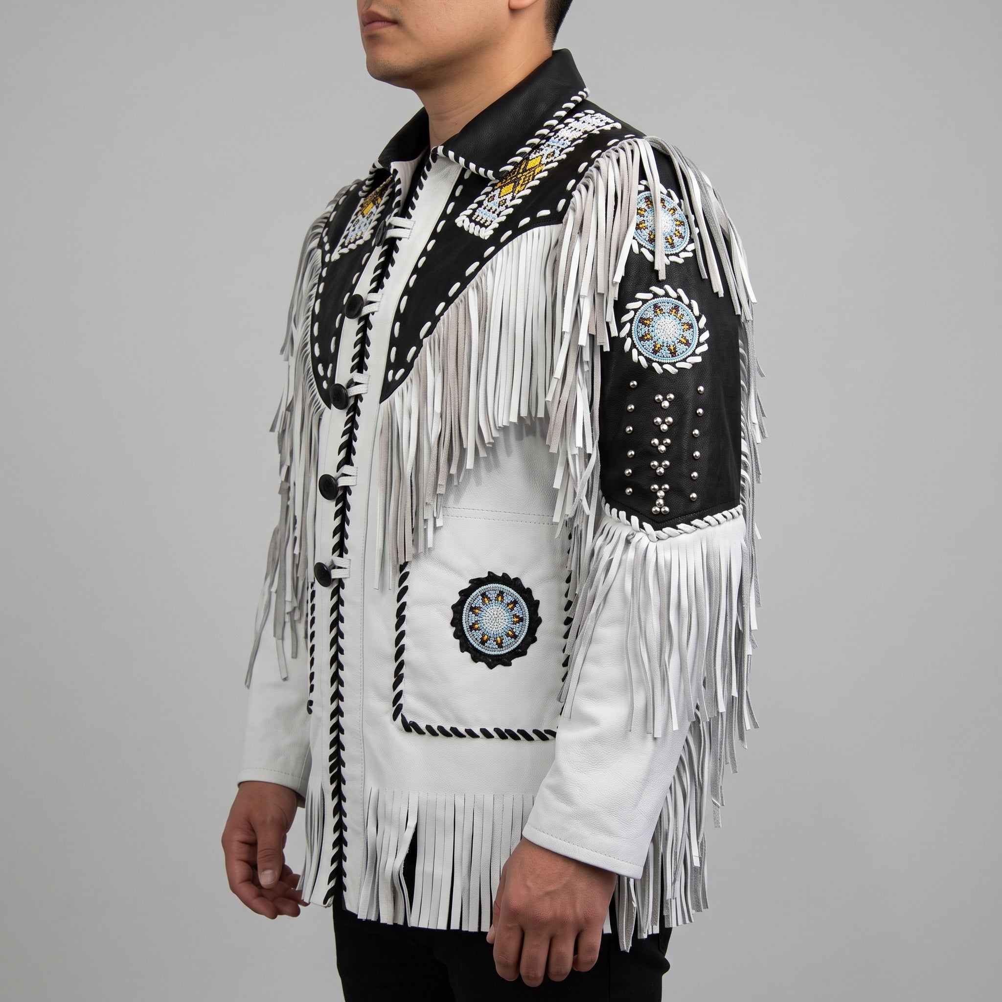 Men's White and Black Fringed Leather Western Jacket — Hampshire