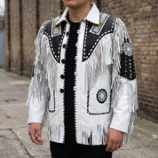 Men's White and Black Fringed Leather Western Jacket — Hampshire