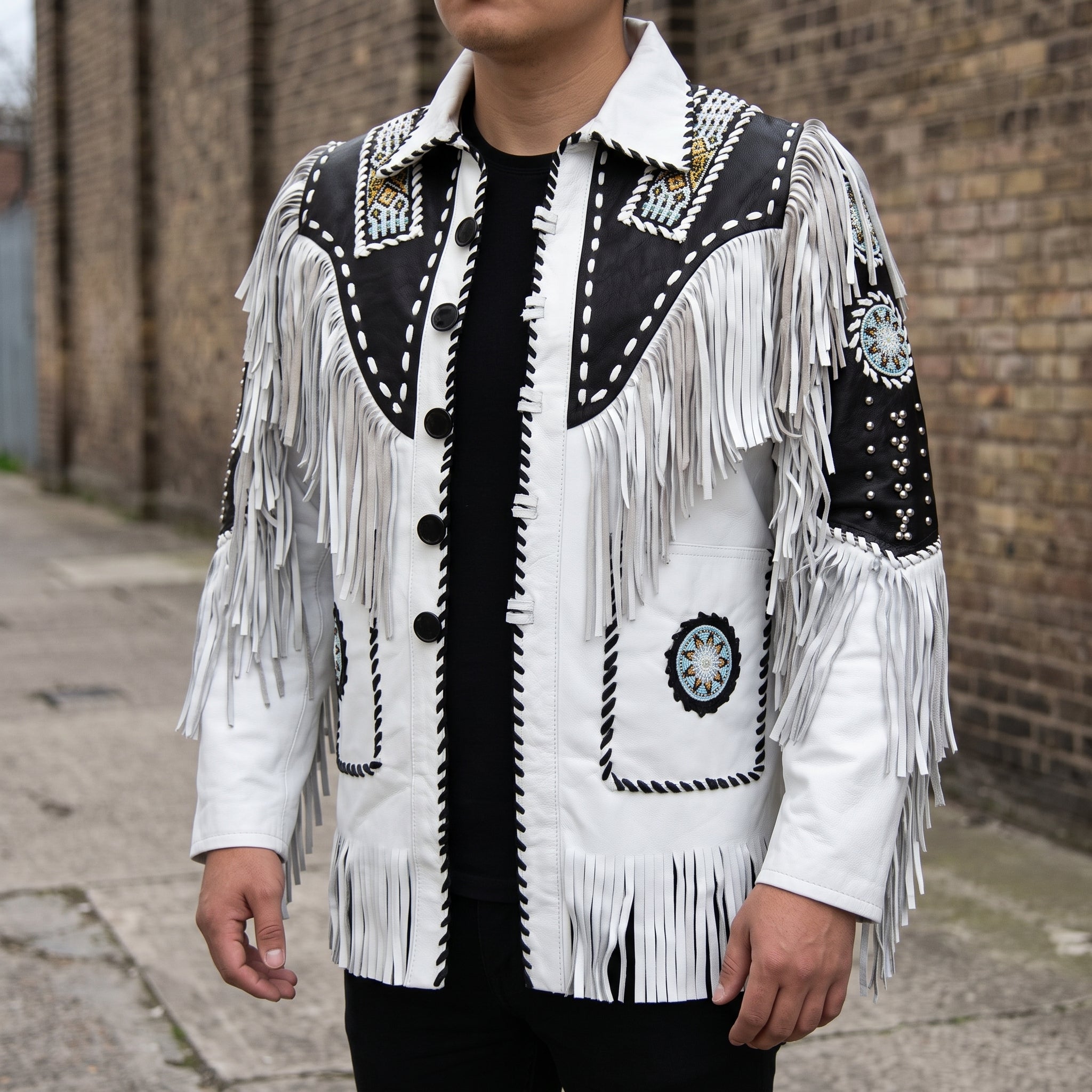 Men's White and Black Fringed Leather Western Jacket — Hampshire