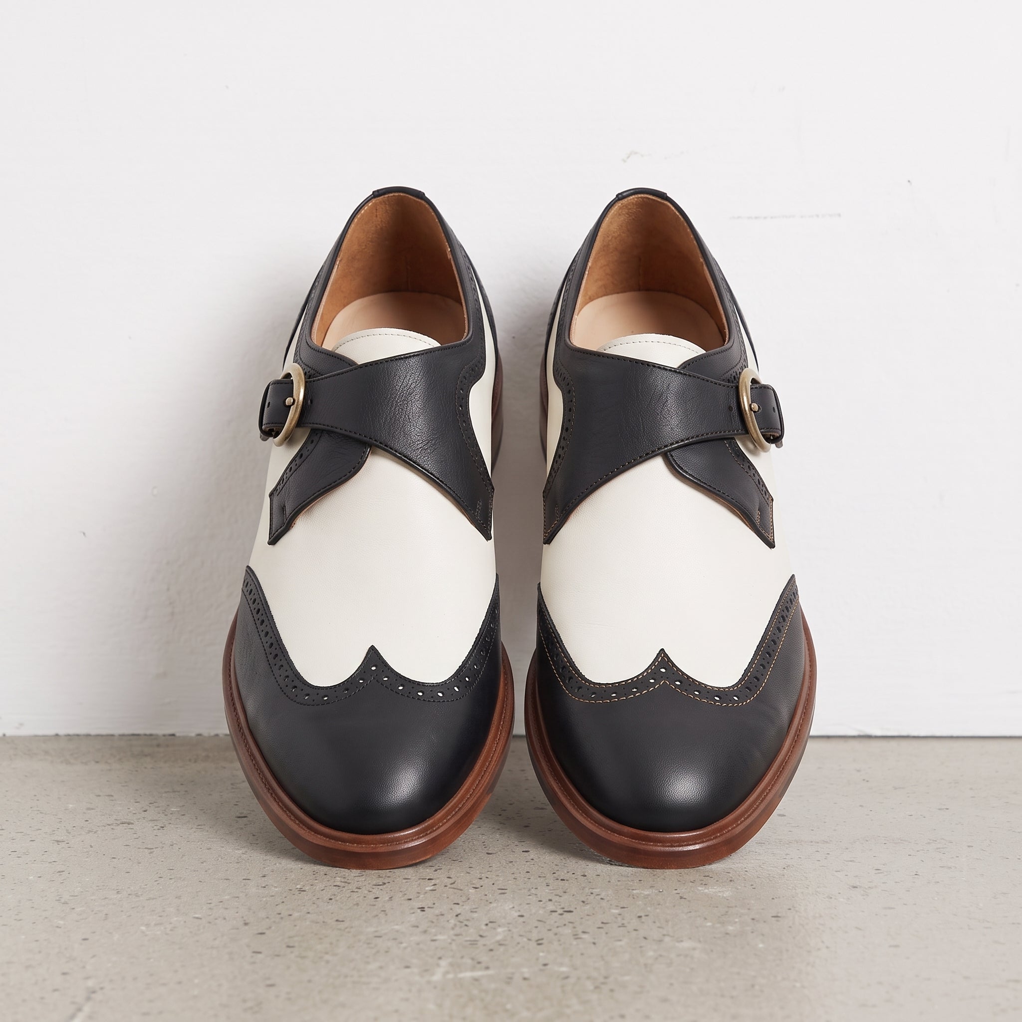 Men's White and Black Wingtip Leather Monk Strap Shoes — Clavering — Clavering