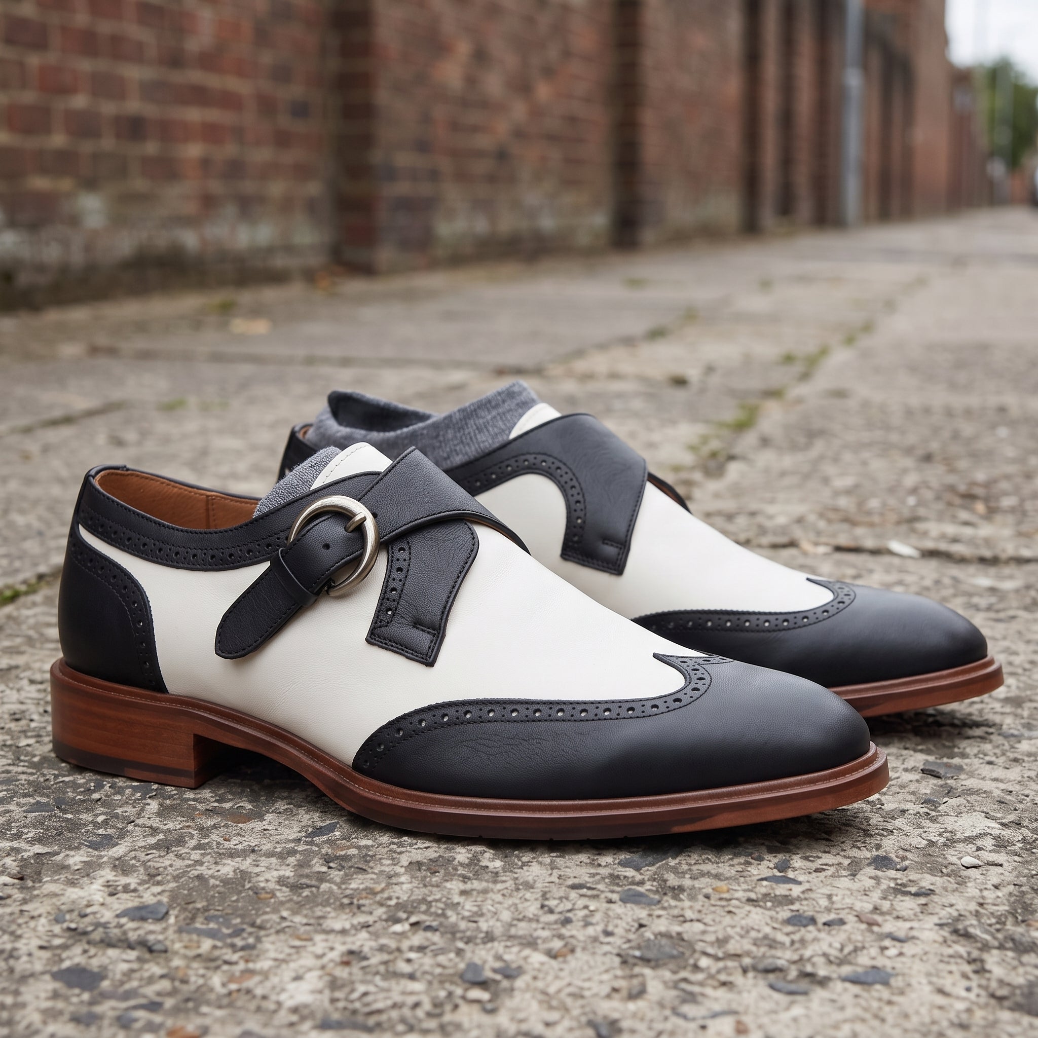 Men's White and Black Wingtip Leather Monk Strap Shoes — Clavering — Clavering