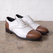 Men's White and Brown Cap-Toe Spectator Leather Oxfords — Craven