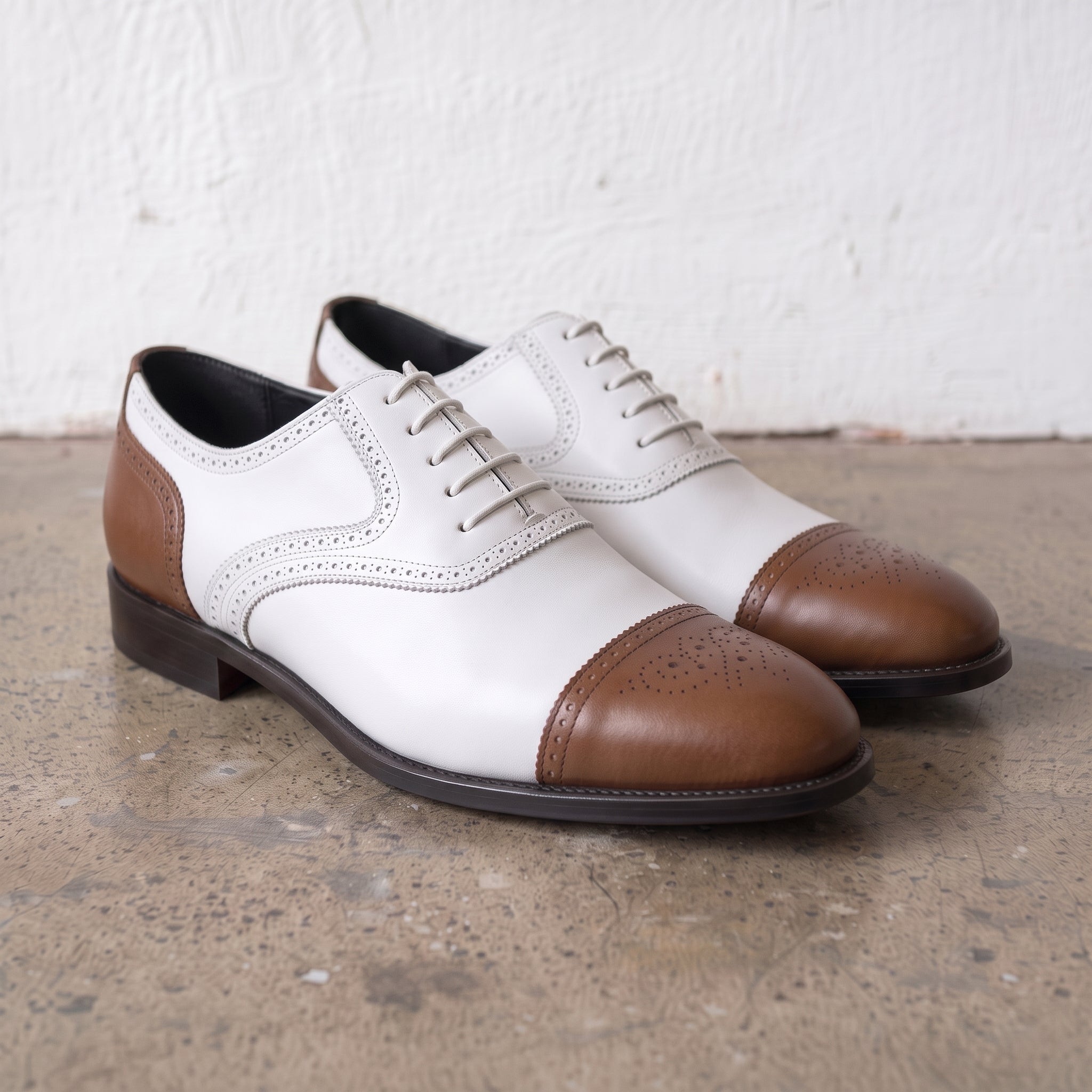 Men's White and Brown Cap-Toe Spectator Leather Oxfords — Craven