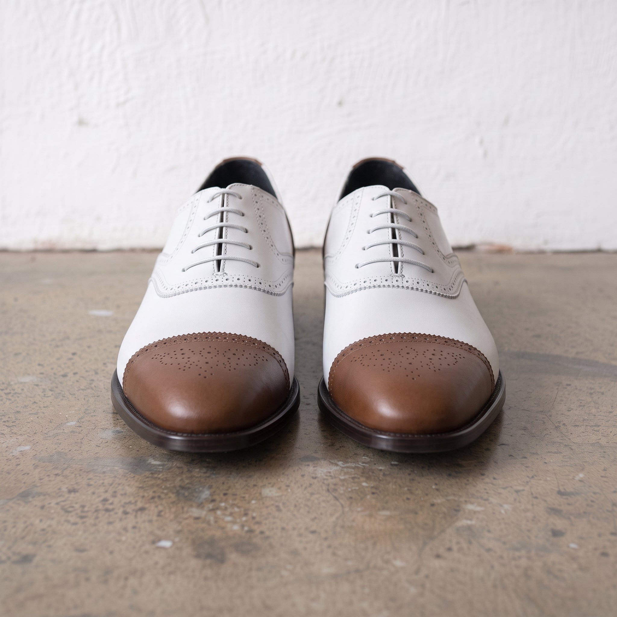 Men's White and Brown Cap-Toe Spectator Leather Oxfords — Craven