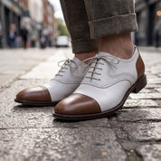 Men's White and Brown Cap-Toe Spectator Leather Oxfords — Craven