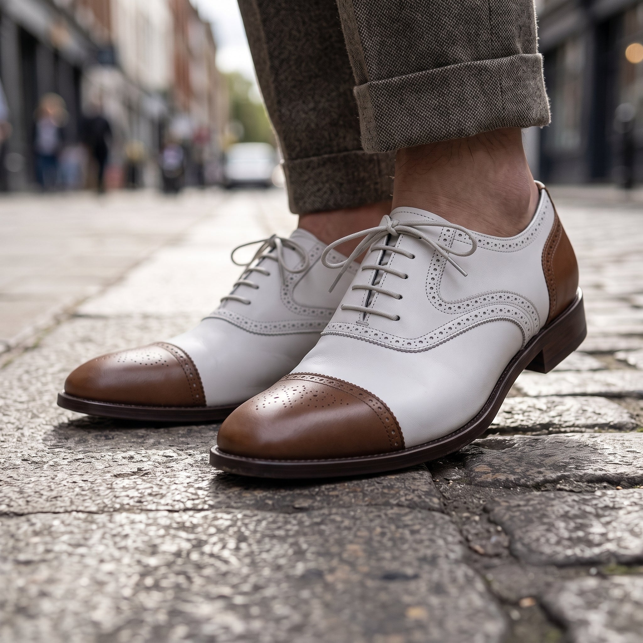 Men's White and Brown Cap-Toe Spectator Leather Oxfords — Craven