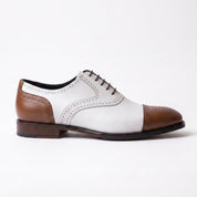 Men's White and Brown Cap-Toe Spectator Leather Oxfords — Craven