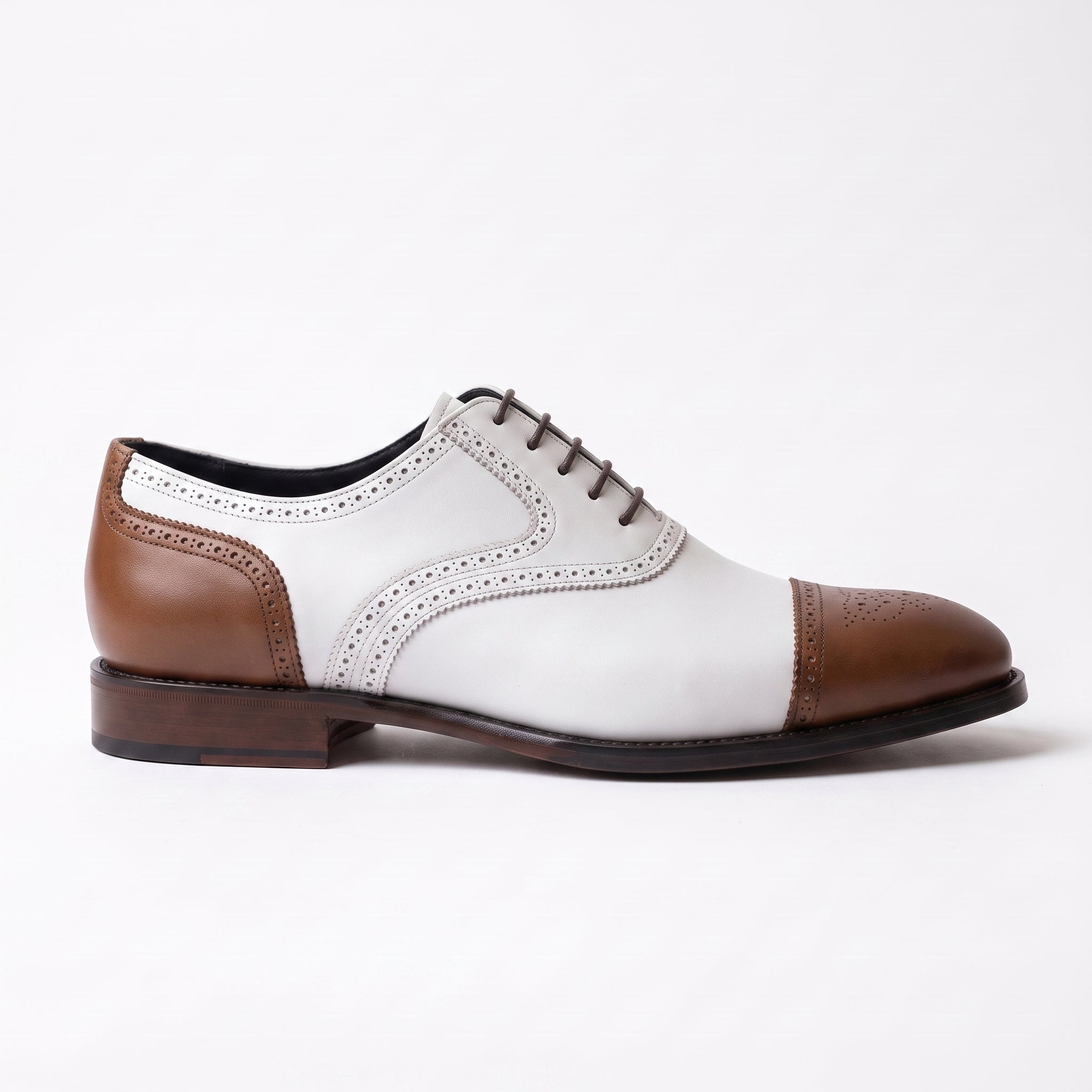 Men's White and Brown Cap-Toe Spectator Leather Oxfords — Craven