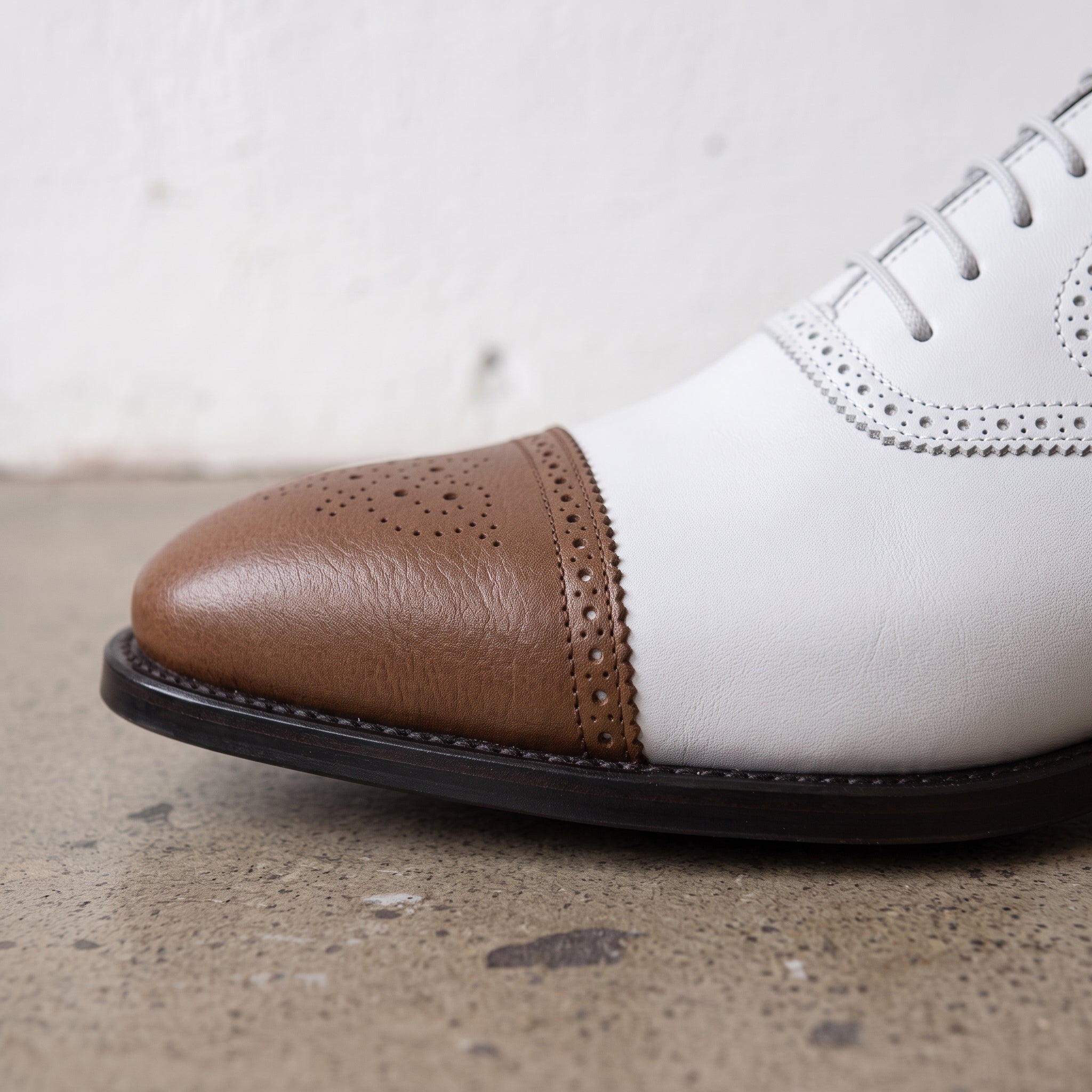 Men's White and Brown Cap-Toe Spectator Leather Oxfords — Craven