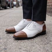 Men's White and Brown Cap-Toe Spectator Leather Oxfords — Craven