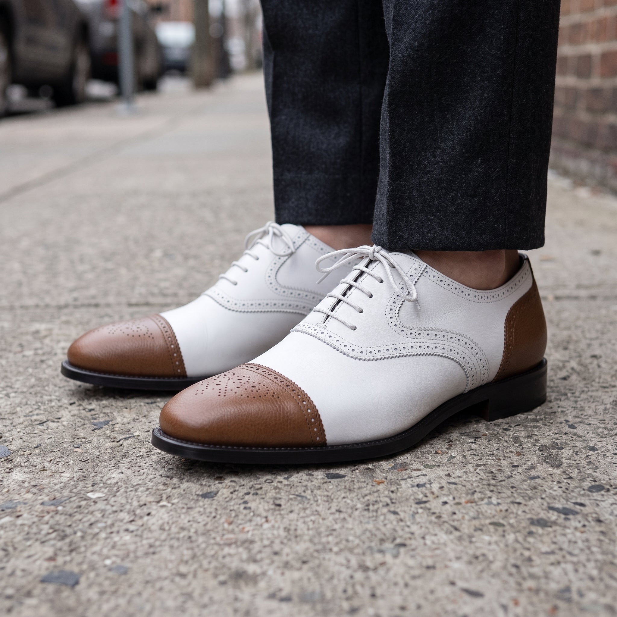 Men's White and Brown Cap-Toe Spectator Leather Oxfords — Craven