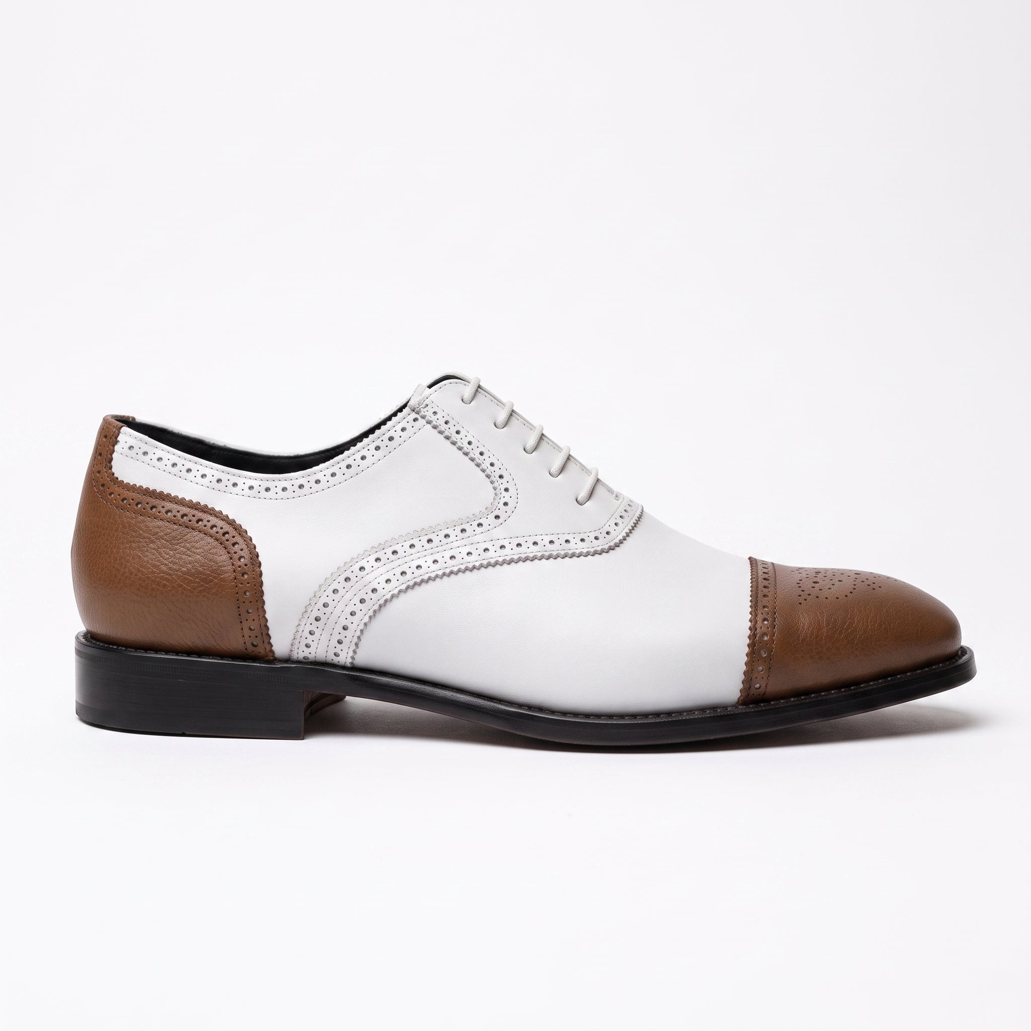 Men's White and Brown Cap-Toe Spectator Leather Oxfords — Craven