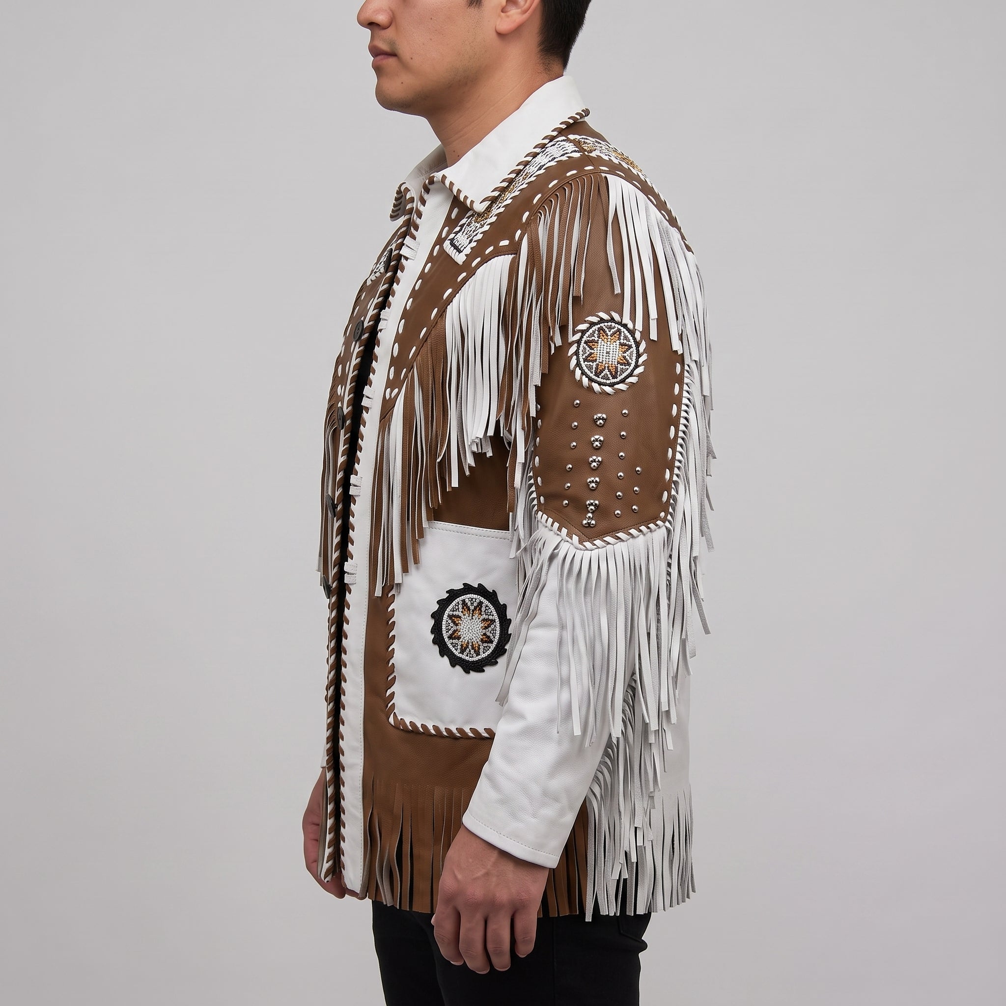 Men's White and Brown Fringed Leather Western Jacket — Hampshire