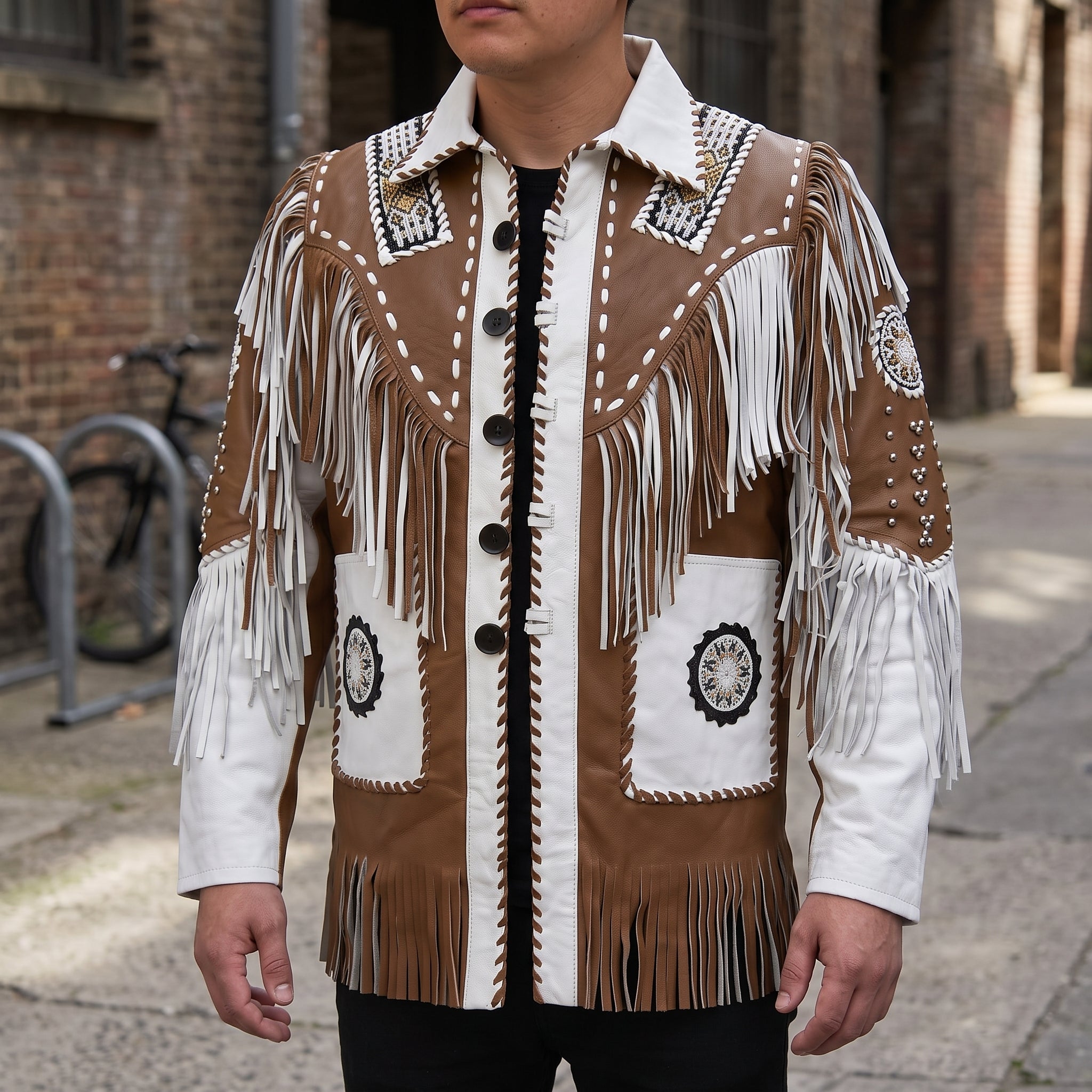 Men's White and Brown Fringed Leather Western Jacket — Hampshire