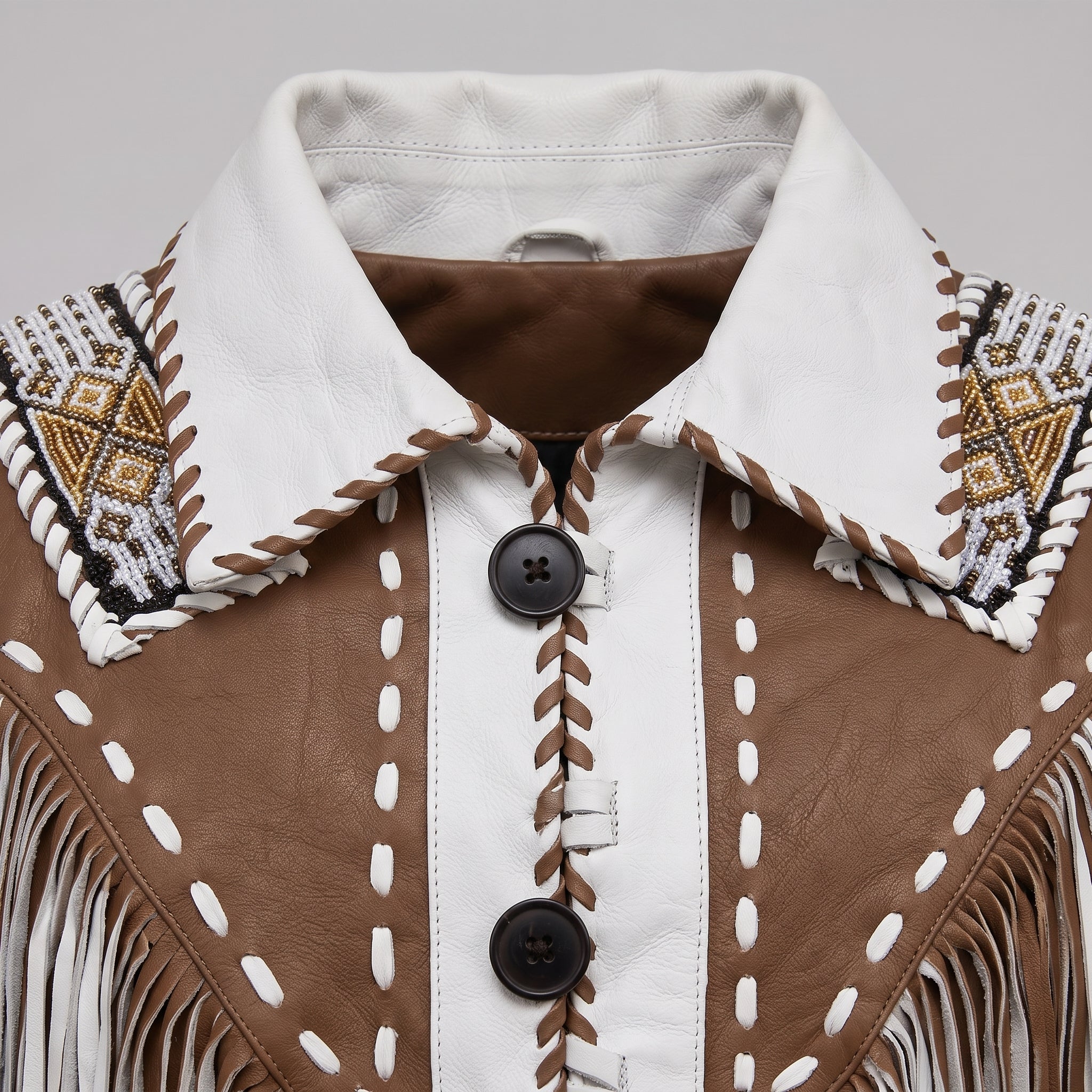 Men's White and Brown Fringed Leather Western Jacket — Hampshire