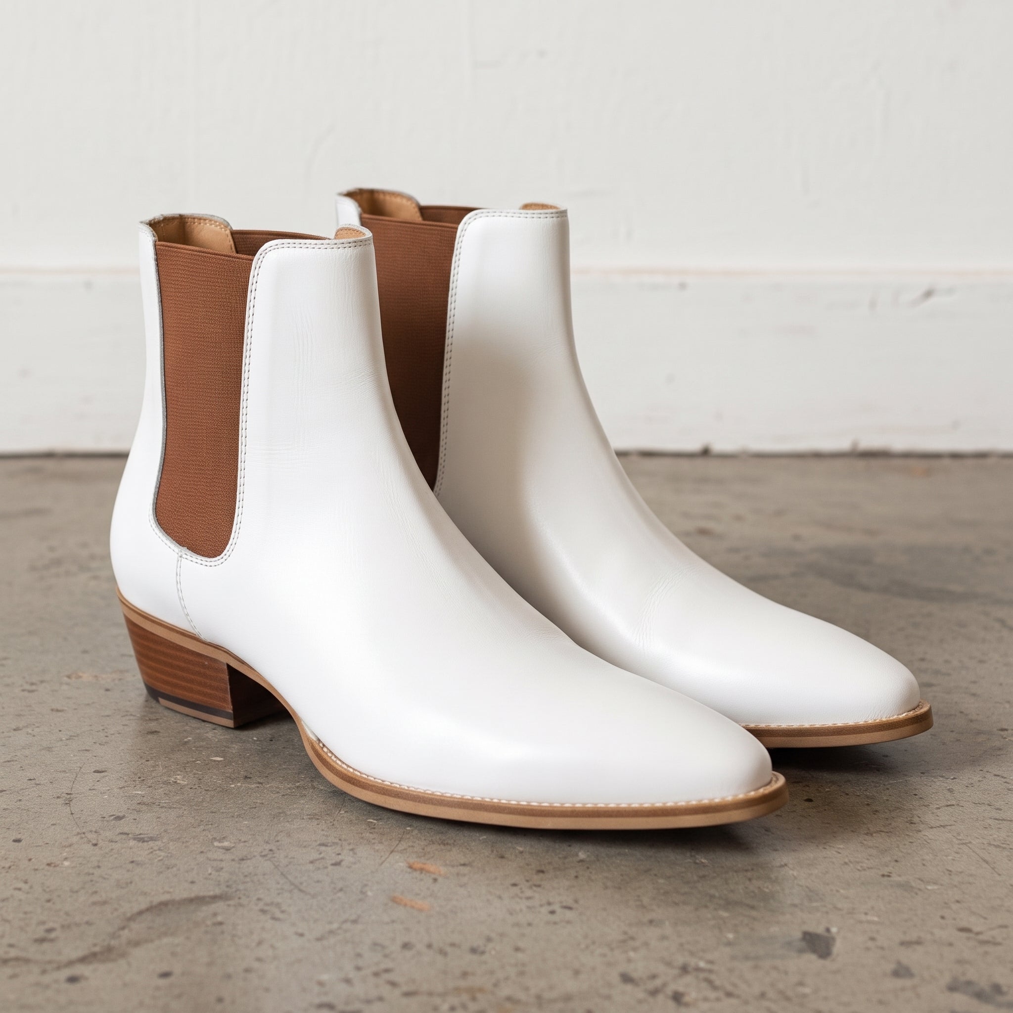 Men's White and Brown Plain-Toe Leather Chelsea Boots — Vere