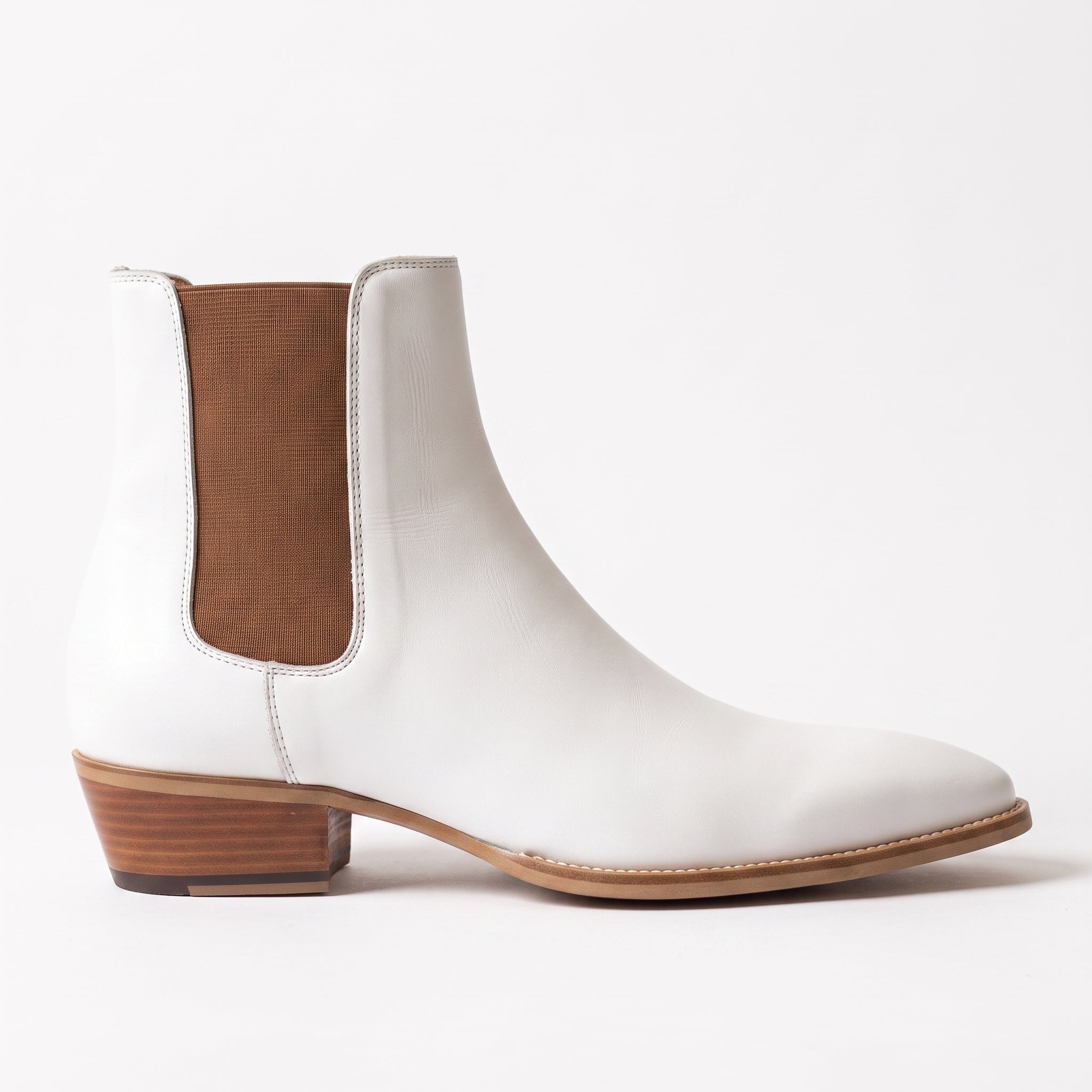 Men's White and Brown Plain-Toe Leather Chelsea Boots — Vere