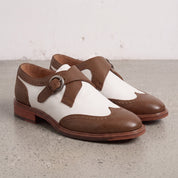 Men's White and Brown Wingtip Leather Monk Strap Shoes — Clavering