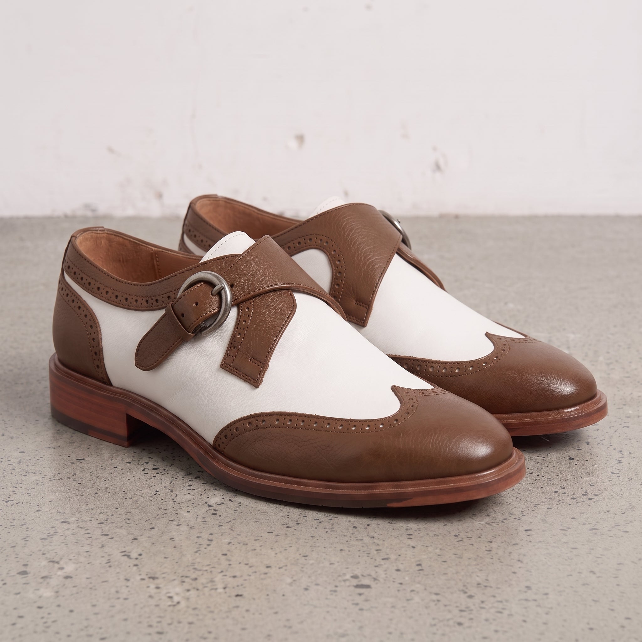 Men's White and Brown Wingtip Leather Monk Strap Shoes — Clavering