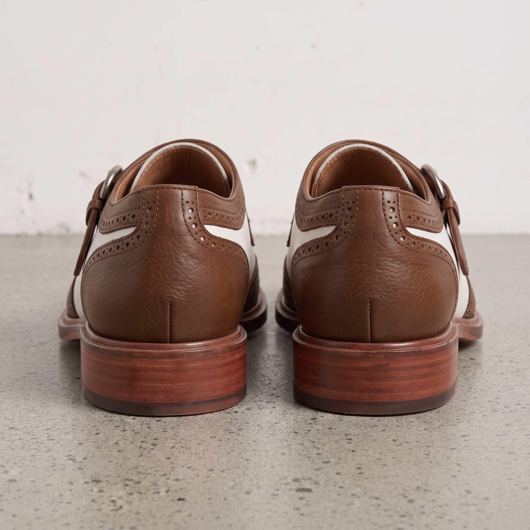 Men's White and Brown Wingtip Leather Monk Strap Shoes — Clavering