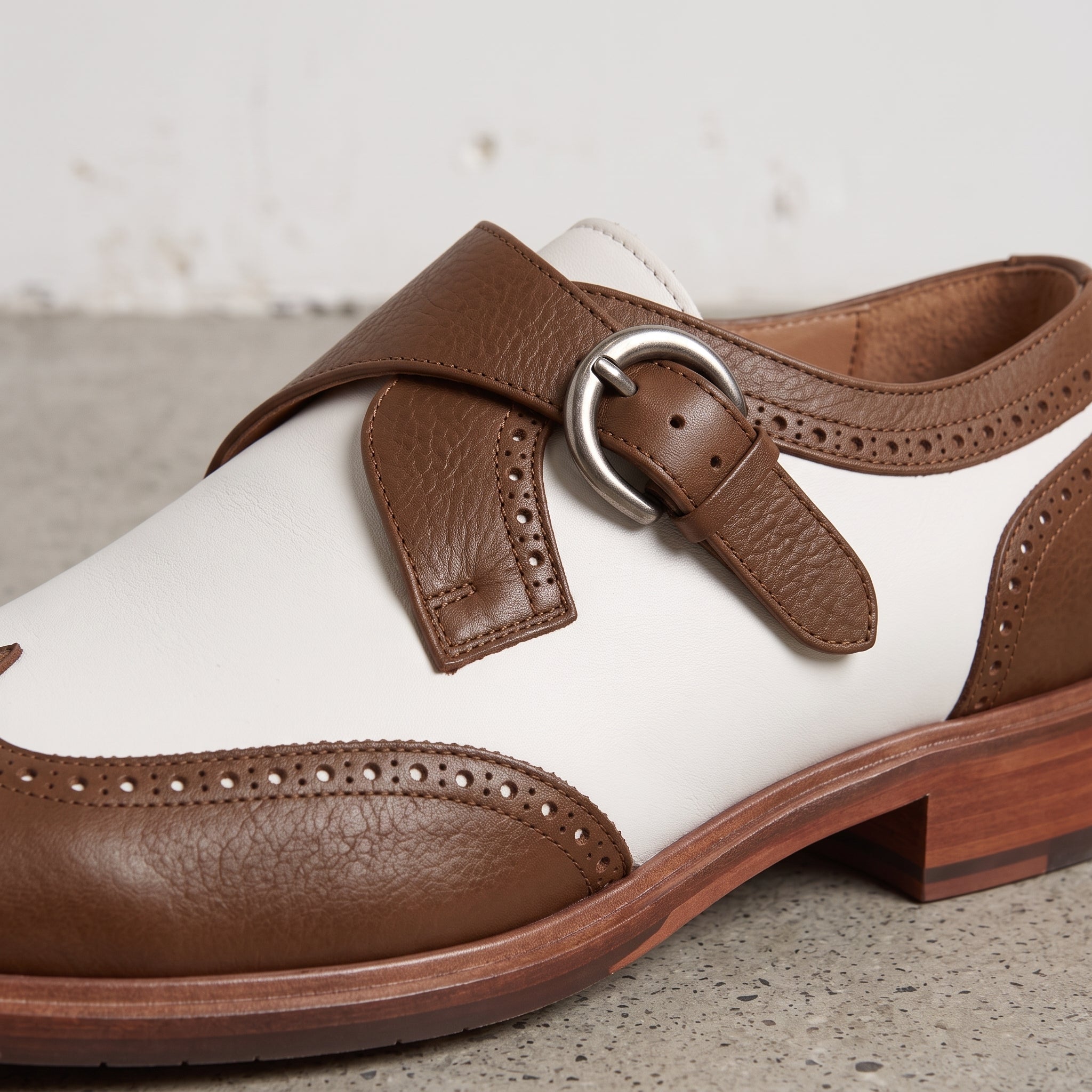 Men's White and Brown Wingtip Leather Monk Strap Shoes — Clavering