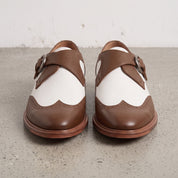 Men's White and Brown Wingtip Leather Monk Strap Shoes — Clavering