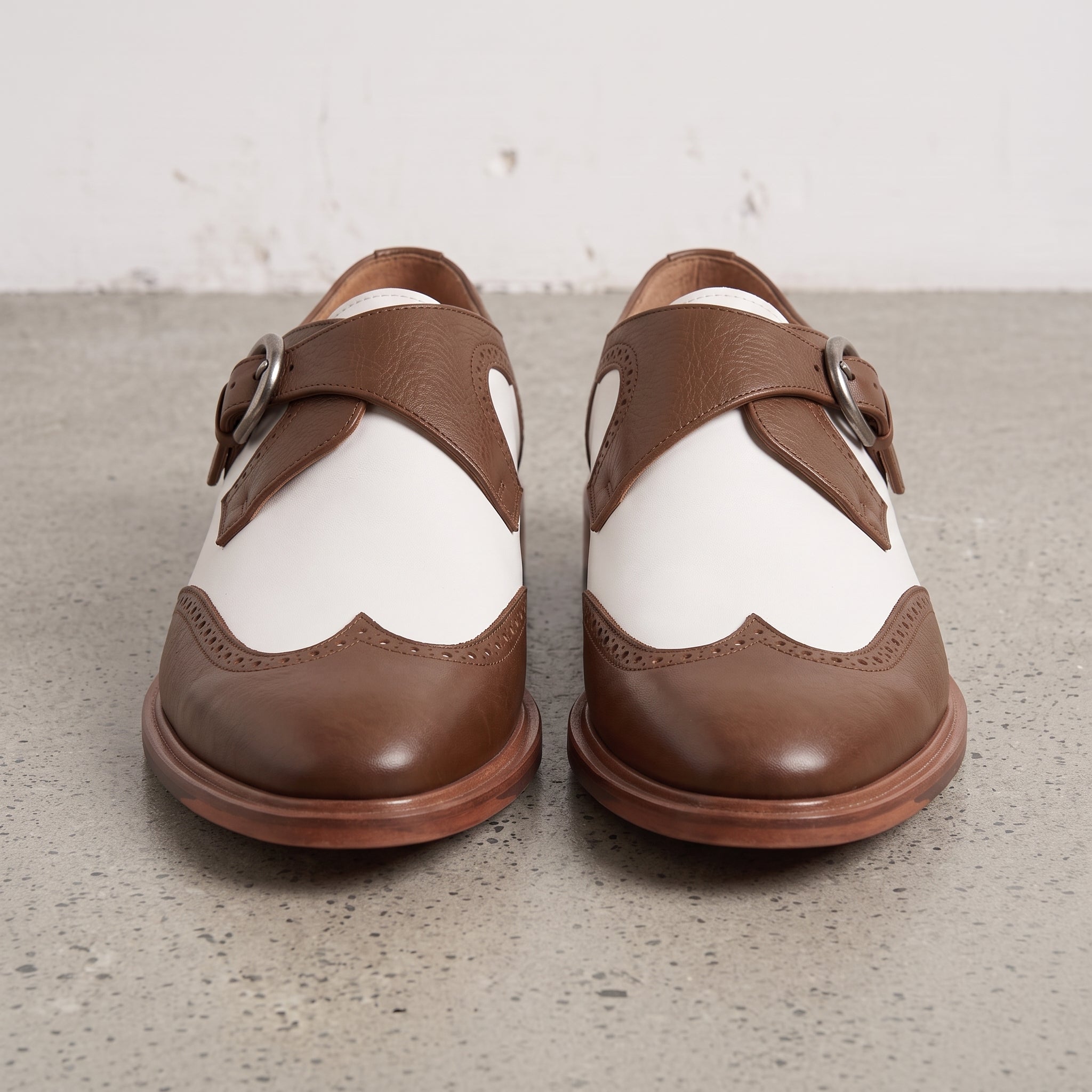 Men's White and Brown Wingtip Leather Monk Strap Shoes — Clavering
