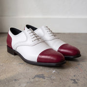 Men's White and Burgundy Cap-Toe Spectator Leather Oxfords — Craven