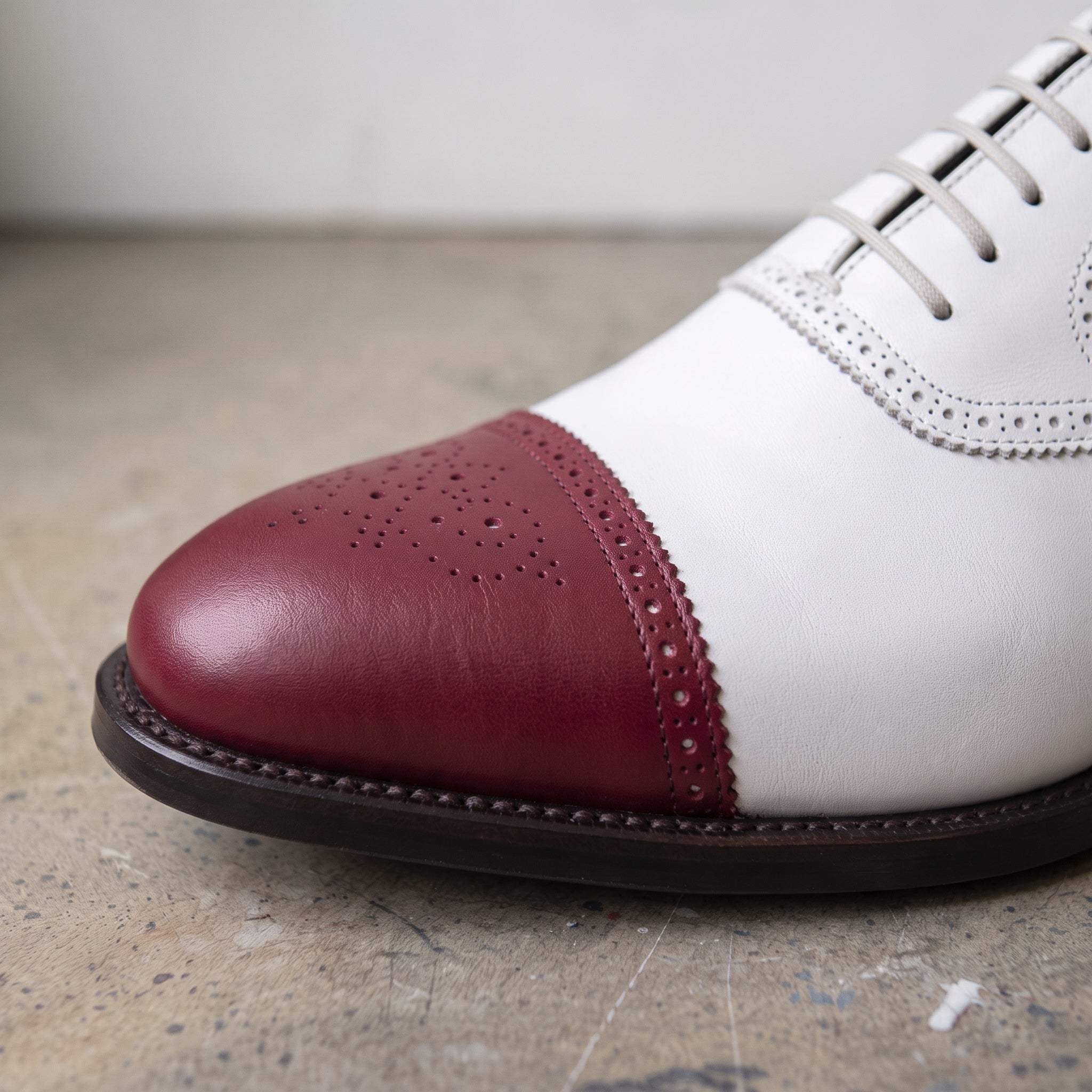 Men's White and Burgundy Cap-Toe Spectator Leather Oxfords — Craven