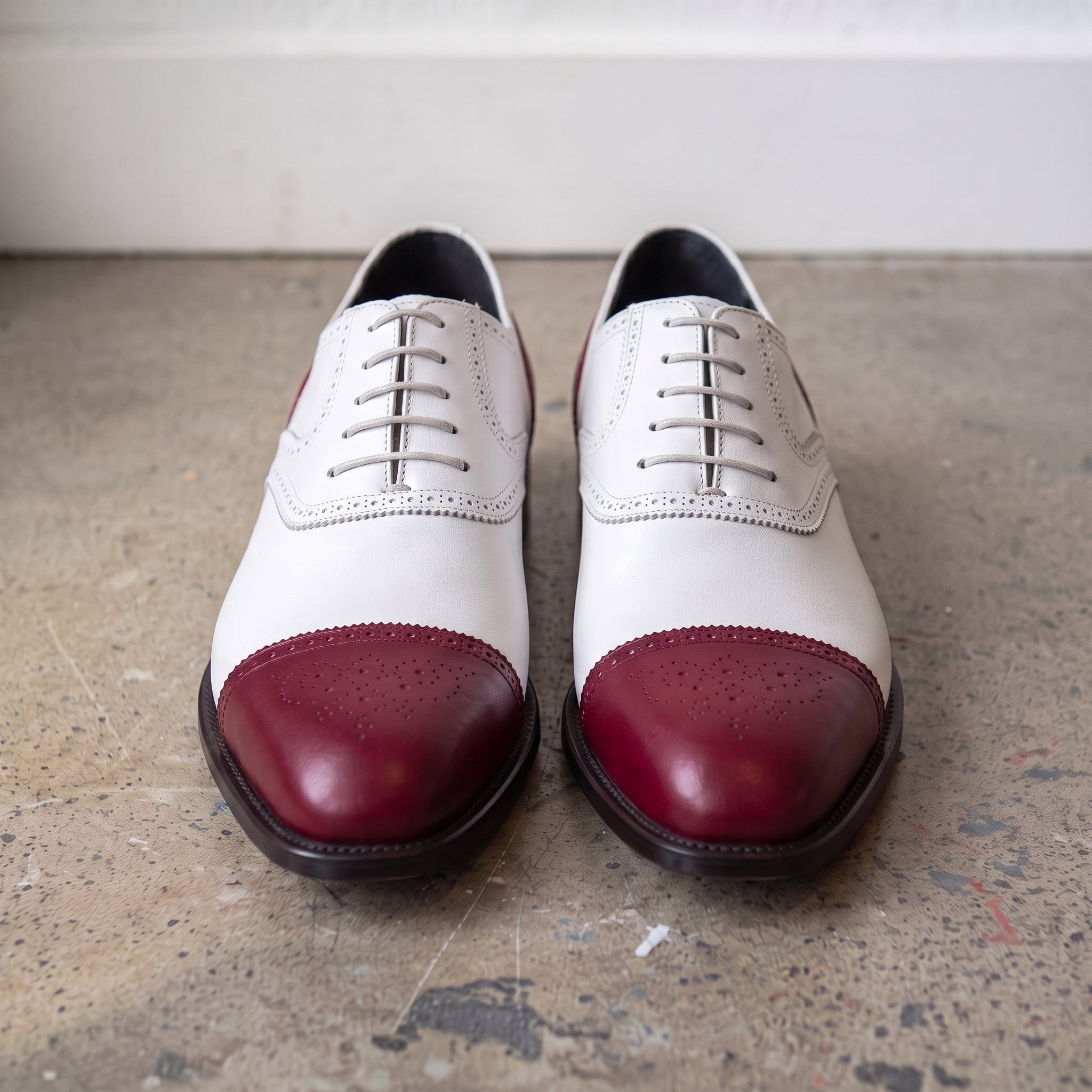 Men's White and Burgundy Cap-Toe Spectator Leather Oxfords — Craven