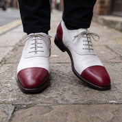 Men's White and Burgundy Cap-Toe Spectator Leather Oxfords — Craven