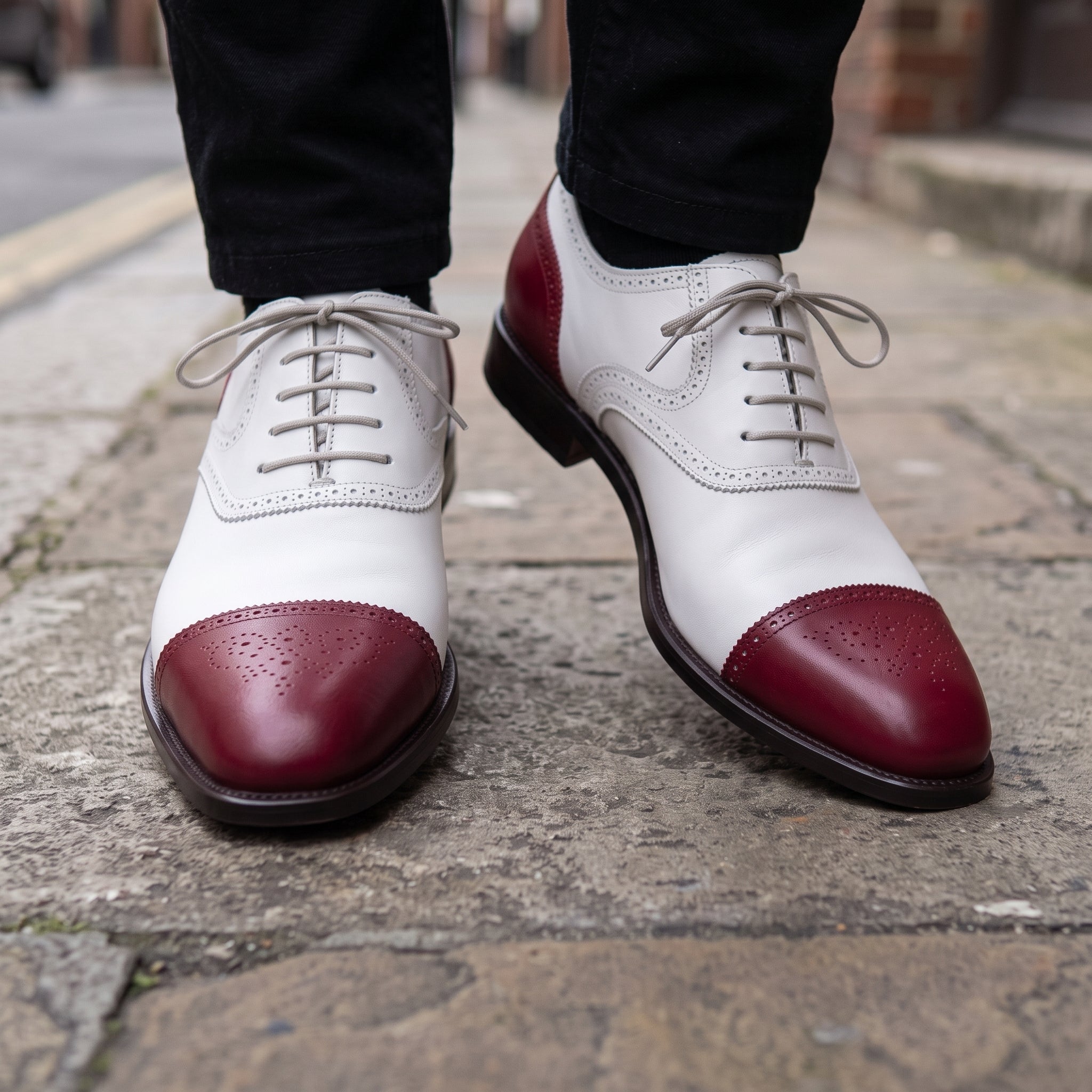 Men's White and Burgundy Cap-Toe Spectator Leather Oxfords — Craven