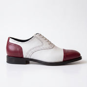 Men's White and Burgundy Cap-Toe Spectator Leather Oxfords — Craven